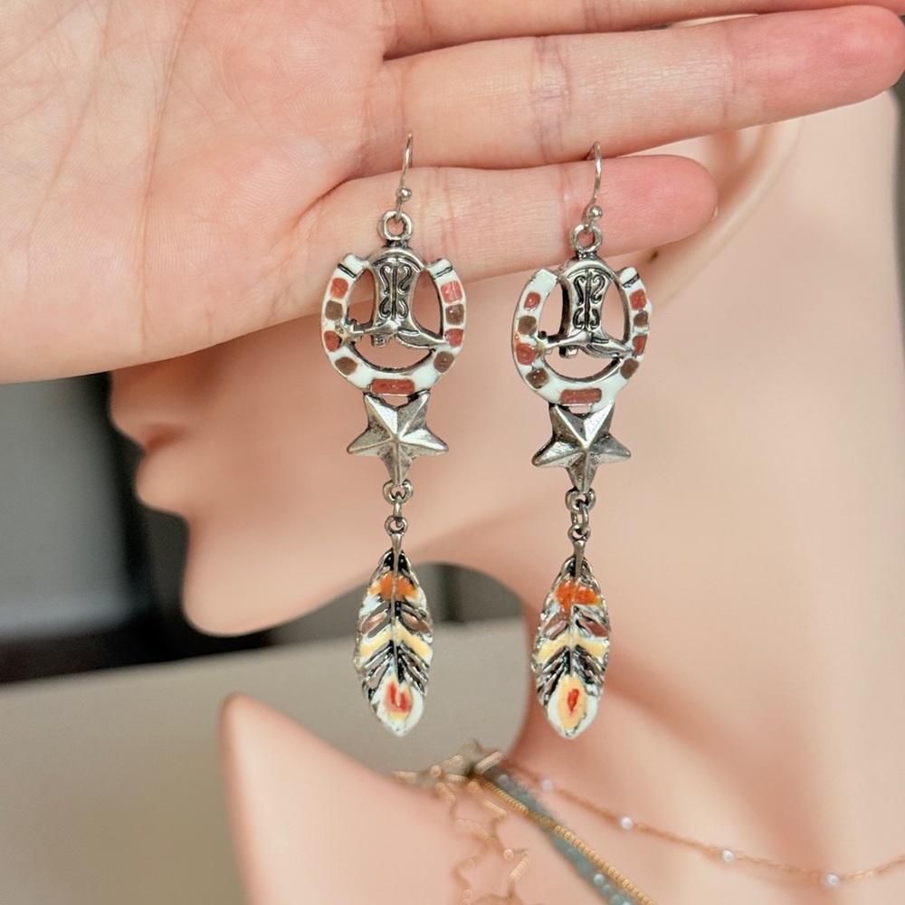 Western Silver Star & Feather Drop Earrings in Orange